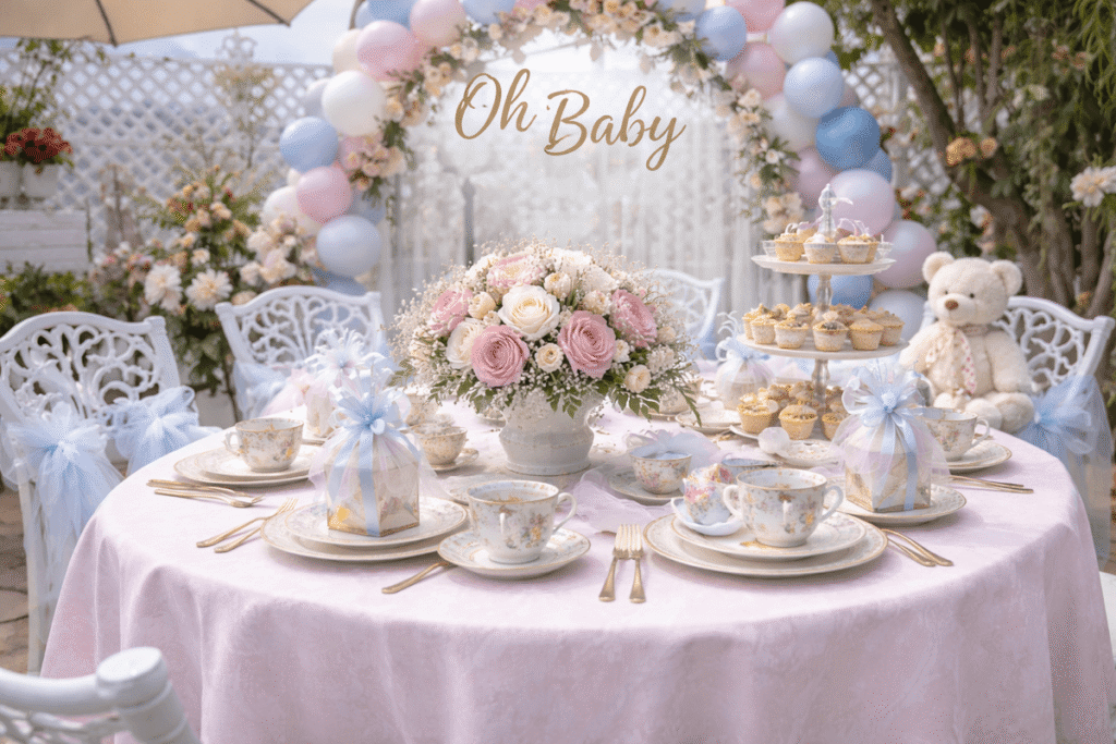 An elegant, beautiful table set up with an old baby background and a teddy bear sitting on the table.