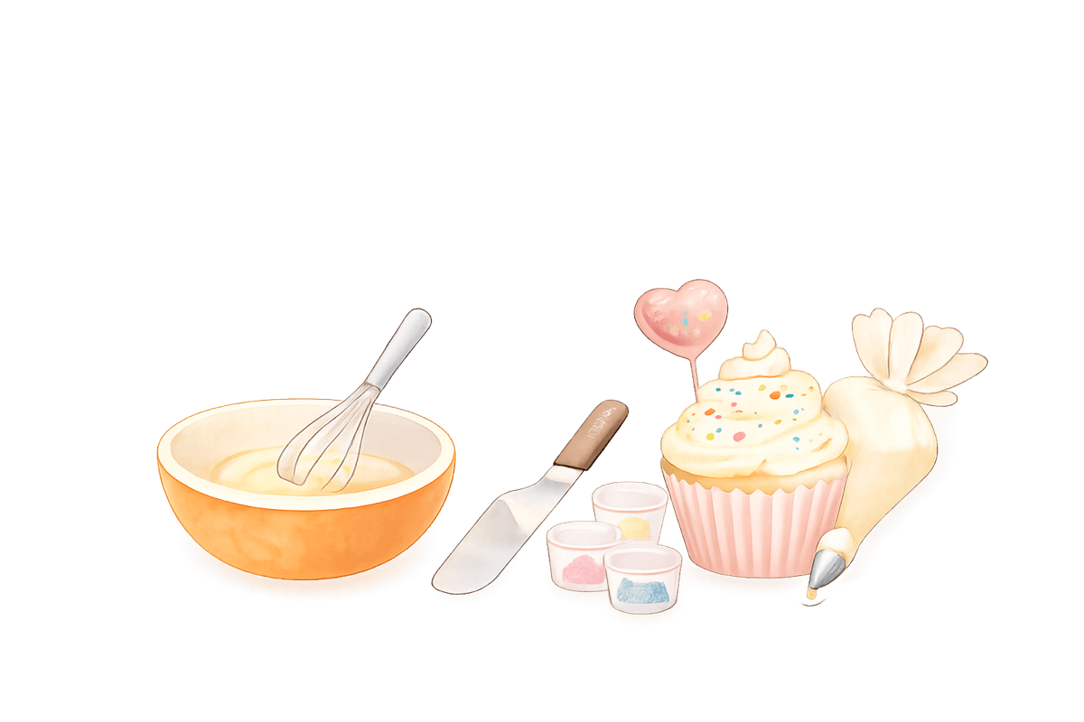 illustration of cooking class and cake decoration items