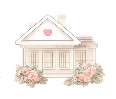 A house with four windows, flowers in the front, and a heart on the top illustration.